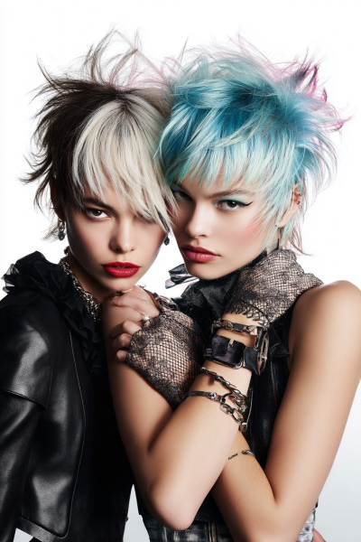three-quarter portrait of two female models with bleached hair with black roots in a very deconstructed butterfly haircut with fringe, each styled differently (one airy tousled flip, the other edgy piecey lift), hyperrealistic hair texture, natural hair strands, salon-quality hair, realistic hair movement, large octagonal softbox key light with gelled magenta and cyan rim lights and a dedicated hair light, professional editorial hair photography on a pristine white studio backdrop, 80s Movida styling with leather plus ruffled jabot shirts, fishnet gloves, abundant accessories and chains, intense red lips, heavy black eyeliner with striped eyeshadow, defiant best-friends energy looking at camera, shot on Canon EOS R5 85mm f/1.8 at f/2.8, ISO 100, shallow depth of field, 8K resolution --ar 2:3 --quality 2 --raw --stylize 50 --v 7 Job ID: 1b2b60dc-0cfa-4a63-bc90-ee3855d57ed0
