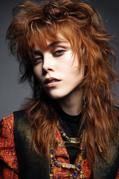 close-up beauty shot, slightly side angle, of a female model with rich copper layered shag hairstyle, deep side part and extremely high density, heavily texturized with teased and partially crimped strands for wild disheveled 80s volume, hyperrealistic hair texture, natural hair strands, salon-quality hair, realistic hair movement, beauty dish with dedicated hair light and aggressive back-to-front rim lighting cutting through smoke, professional editorial hair photography on a smoky studio backdrop, edgy "canalla" 80s Madrid club styling with bold opulent glam makeup and commanding attitude, shot on Canon EOS R5 85mm f/1.8 at f/2.8, ISO 100, shallow depth of field, 8K resolution --ar 2:3 --quality 2 --raw --stylize 50 --v 7 Job ID: c03f44a3-f6a2-4c34-8105-98e667ae8aa2