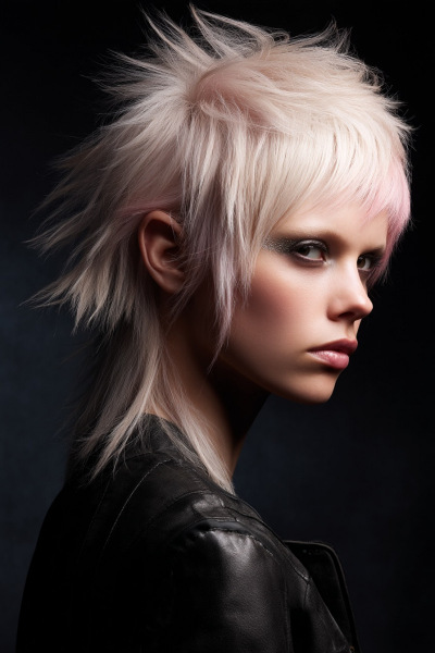three-quarter portrait, slight side angle, of a female model with platinum blonde hair featuring pastel pink at the temples, punk shag-mullet hairstyle with very uneven baby fringe, extra-long disconnected sideburns, short spiky crown and a subtle mini-mohawk ridge on top, hyperrealistic hair texture, natural hair strands, salon-quality hair, realistic hair movement, dramatic upward key light from below with dedicated hair light and crisp rim lighting to sculpt strands, 80s Movida styling with oversized shoulder pads and leather, pale skin with heavy black eyes and lips, angry attitude, standing over a steaming urban manhole like the Bronx at night, professional editorial hair photography, shot on Canon EOS R5 85mm f/1.8 at f/2.8, ISO 100, shallow depth of field, 8K resolution --ar 2:3 --quality 2 --raw --stylize 50 --v 7 Job ID: a9f5ef4d-3c67-4bd6-a2f1-cfaf4899cf3d