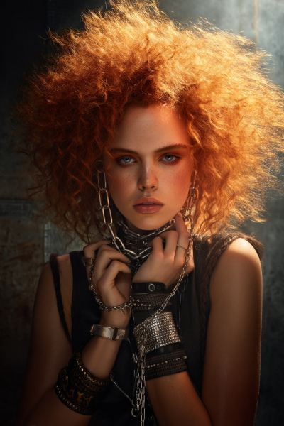 close-up beauty shot, front view, of a female model with mandarin-orange hyper-teased partially crimped shag hairstyle with extreme volume, hyperrealistic hair texture, natural hair strands, salon-quality hair, realistic hair movement, beauty dish frontal key with powerful backlight through smoke creating crisp rim lighting to sculpt the shape, professional editorial hair photography in a gritty garage setting, Alaska y los Pegamoides-inspired makeup and defiant attitude, punk accessories with studded wristbands, layered chains and bold earrings, shot on Canon EOS R5 85mm f/1.8 at f/2.8, ISO 100, shallow depth of field, 8K resolution --ar 2:3 --quality 2 --raw --stylize 50 --v 7 Job ID: cc11e4c1-98df-46e2-b7ee-1ddc7f5ca9b7