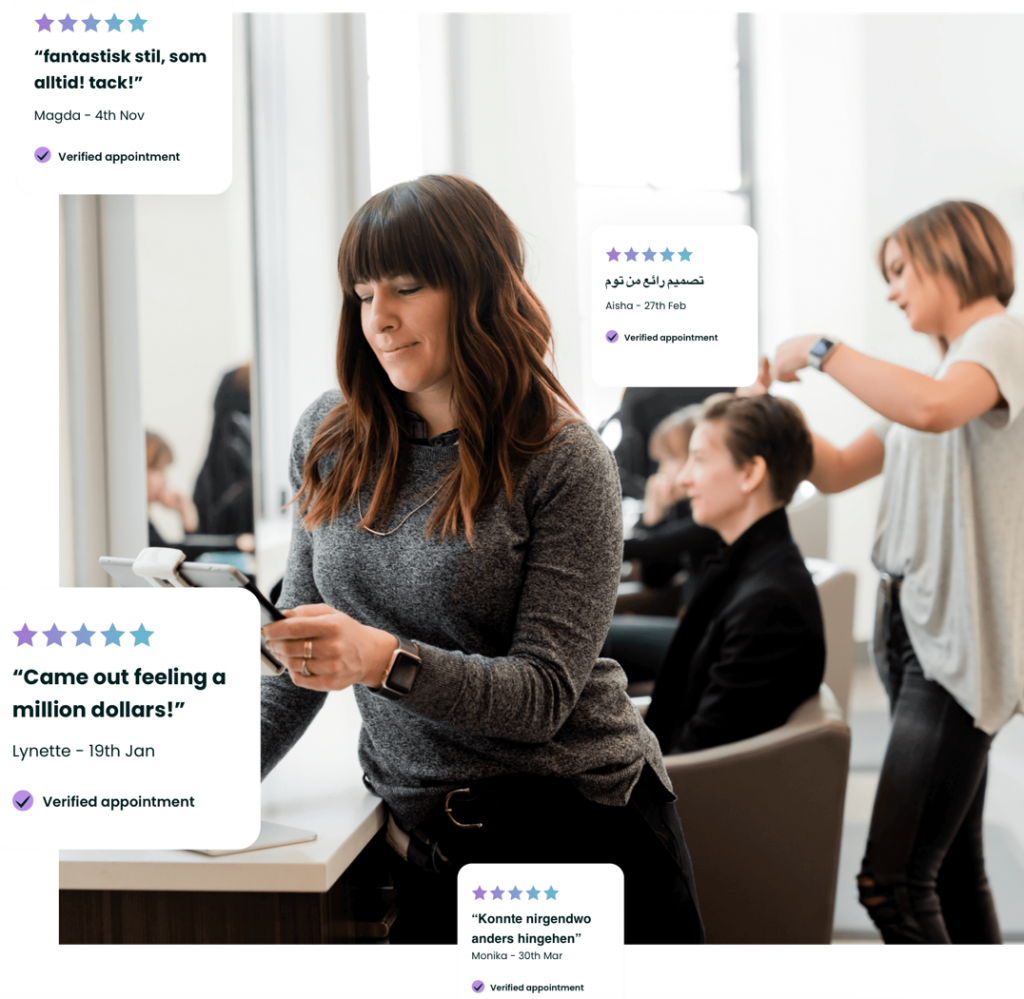 image of lady with dark hair working in a salon with speech bubbles that have salon reviews in them